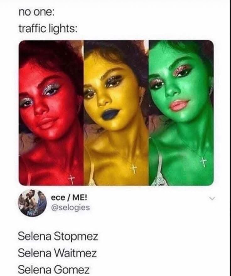traffic lights:  
Selena Stopmez  
Selena Waitmez  
Selena Gomez  