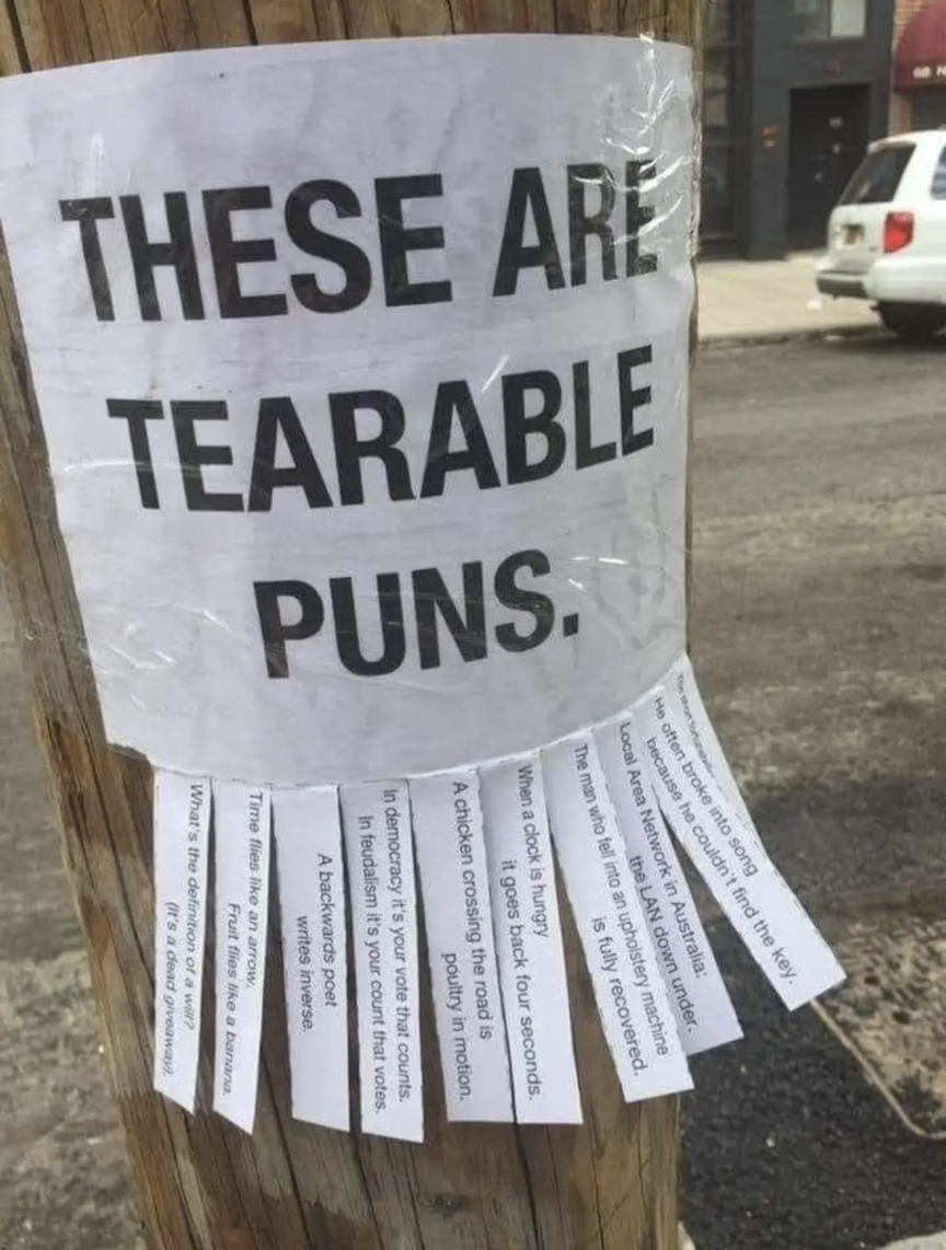 These are Tearable Puns.
What's the definition of a will? It's a dead giveaway
Time flies like an arrow. Fruits flies like a banana
a backwards poet writes inverse
in democracy, it's your vote that counts. In feudalism, it's your count that votes.
A chicken crossing the road is poultry in motion
When a clock is hungry, it goes back for seconds
The man who fell into an upholstery machine is fully recovered
Local Area Network in Australia: The LAN down under
He often broke into song because he couldn't find the key
