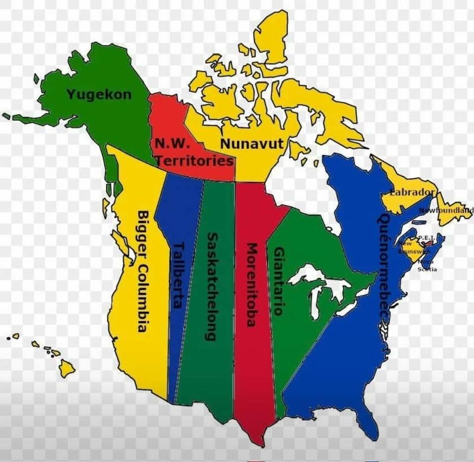 Yugekon  
N.W. Territories  
Nunavut  
Bigger Columbia  
Tallberta  
Saskatchelong  
Morenitoba  
Giantario  
Quebec  
Newfoundland  
P.E.I  
Nova Scotia