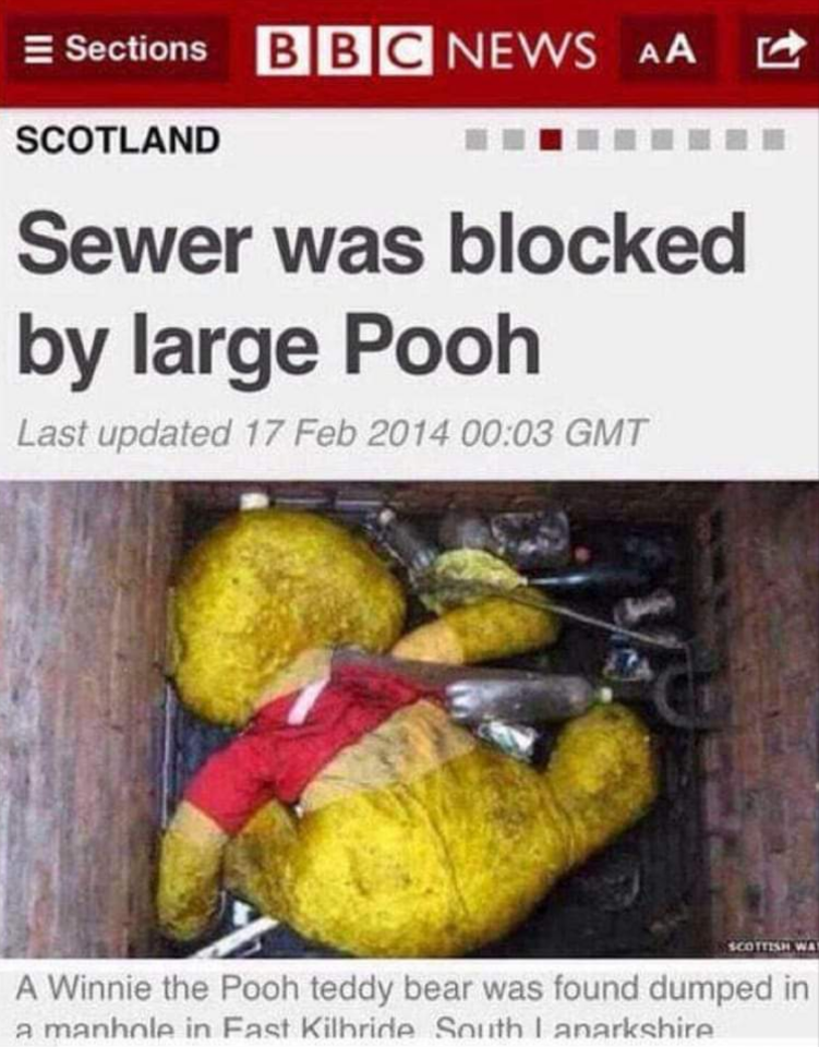 Sewer was blocked by a large Pooh
A Winnie the Pooh teddy bear was found dumped in a manhole in East Kilbride