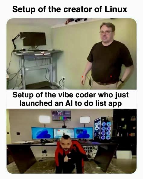 Setup of the creator of Linux  
Setup of the vibe coder who just launched an AI to do list app