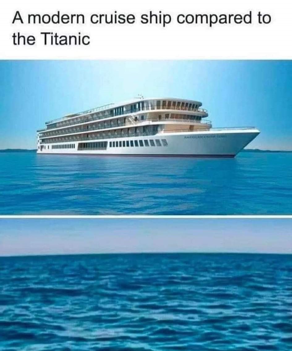 A modern cruise ship compared with the Titanic