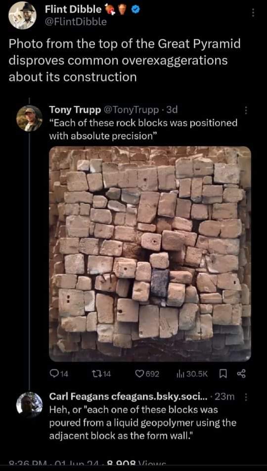 Photo from the top of the great Pyramid disproves common overexaggerations about it's construction:
Each of the blocks was placed with absolute precision.