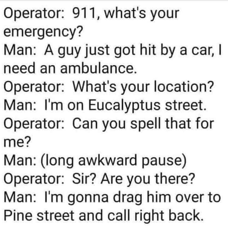 Operator: 911, what's your emergency?
Man: A guy just got hit by a car, I need an ambulance.
Operator: What's your location?
Man: I'm on Eucalyptus street.
Operator: Can you spell that for me?
Man: (long awkward pause)
Operator: Sir? Are you there?
Man: I'm gonna drag him over to Pine street and call right back.