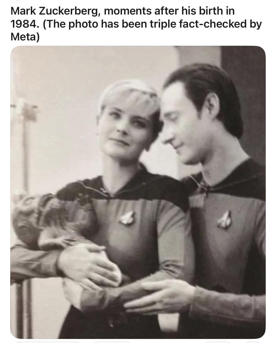 Mark Zuckerberg, moments after his birth in 1984. (The photo has been triple fact-checked by Meta)