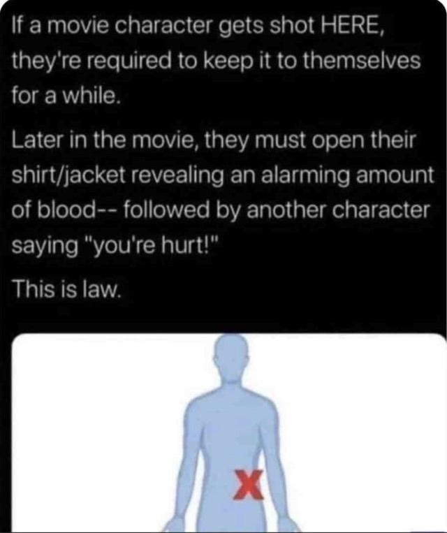 If a movie character gets shot HERE, they're required to keep it to themselves for a while.
Later in the movie, they must open their shirt/jacket revealing an alarming amount of blood-- followed by another character saying "you're hurt!"
This is law.