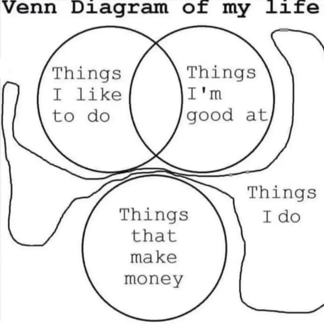 Venn diagram of my life
Things I like to do
Things I'm good at
Things that make money
Things I do