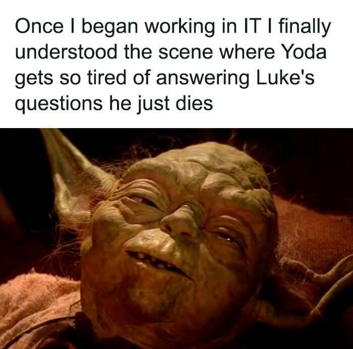 Once I began working in IT I finally understood the scene where Yoda gets so tired of answering Luke's questions he just dies.