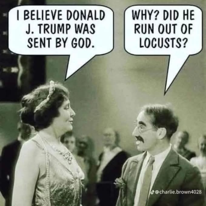 I BELIEVE DONALD J. TRUMP WAS SENT BY GOD.  

WHY? DID HE RUN OUT OF LOCUSTS?  