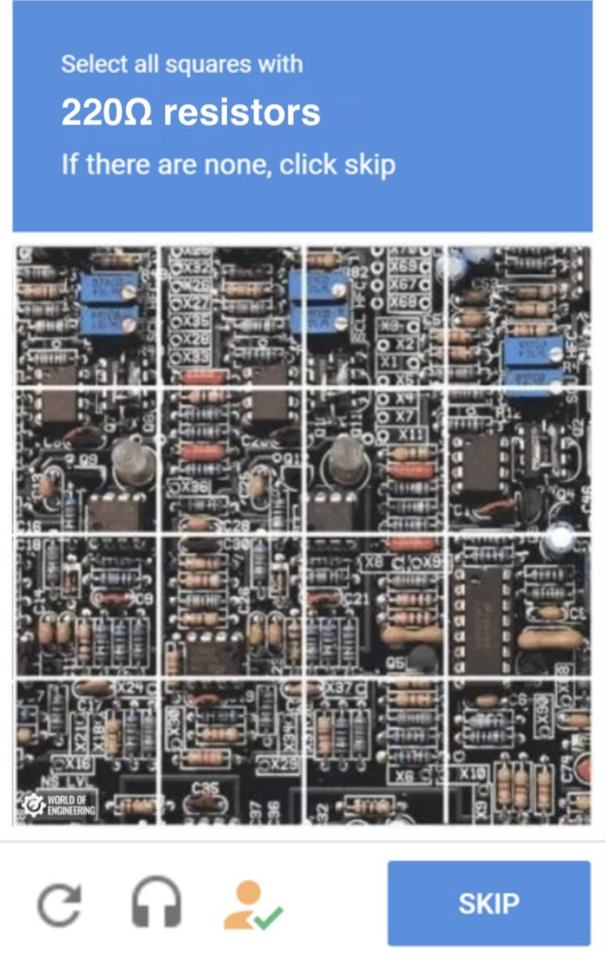 Select all squares with 220 ohm resistors.  If there are none, click skip