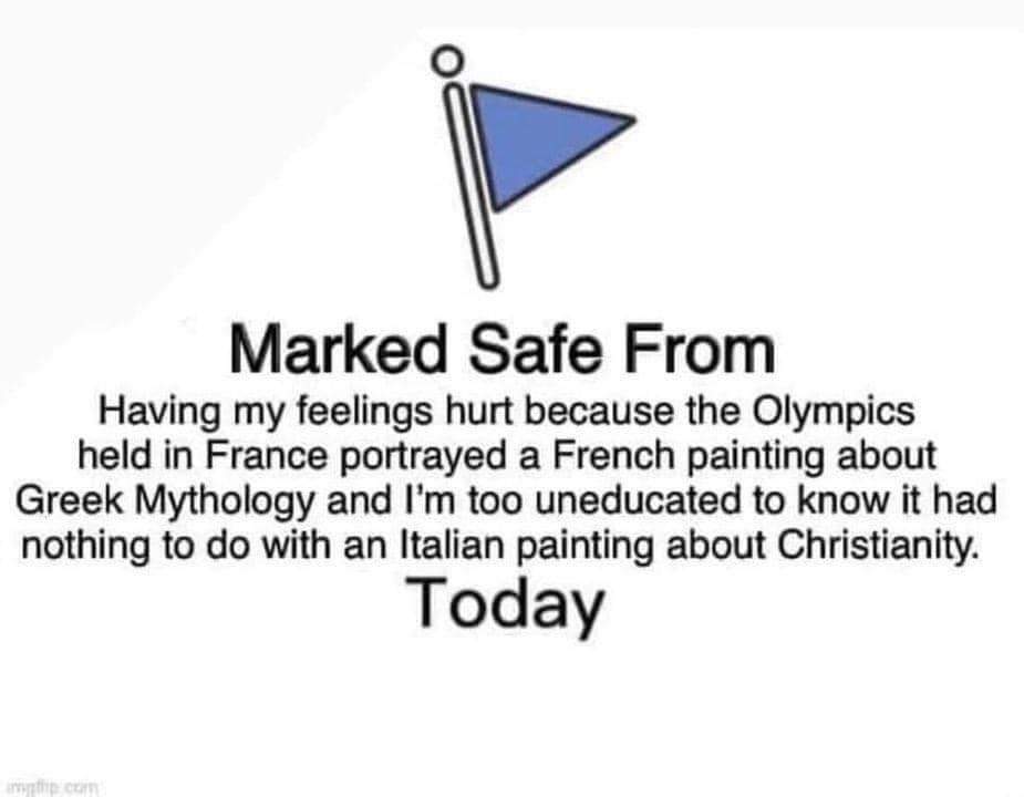 Marked safe from having feelings hurt because the Olympics held 
in France portrayed a French painting about Greek mythology and I'm too uneducated to know it had nothing to do with an Italian painting about Christianity.