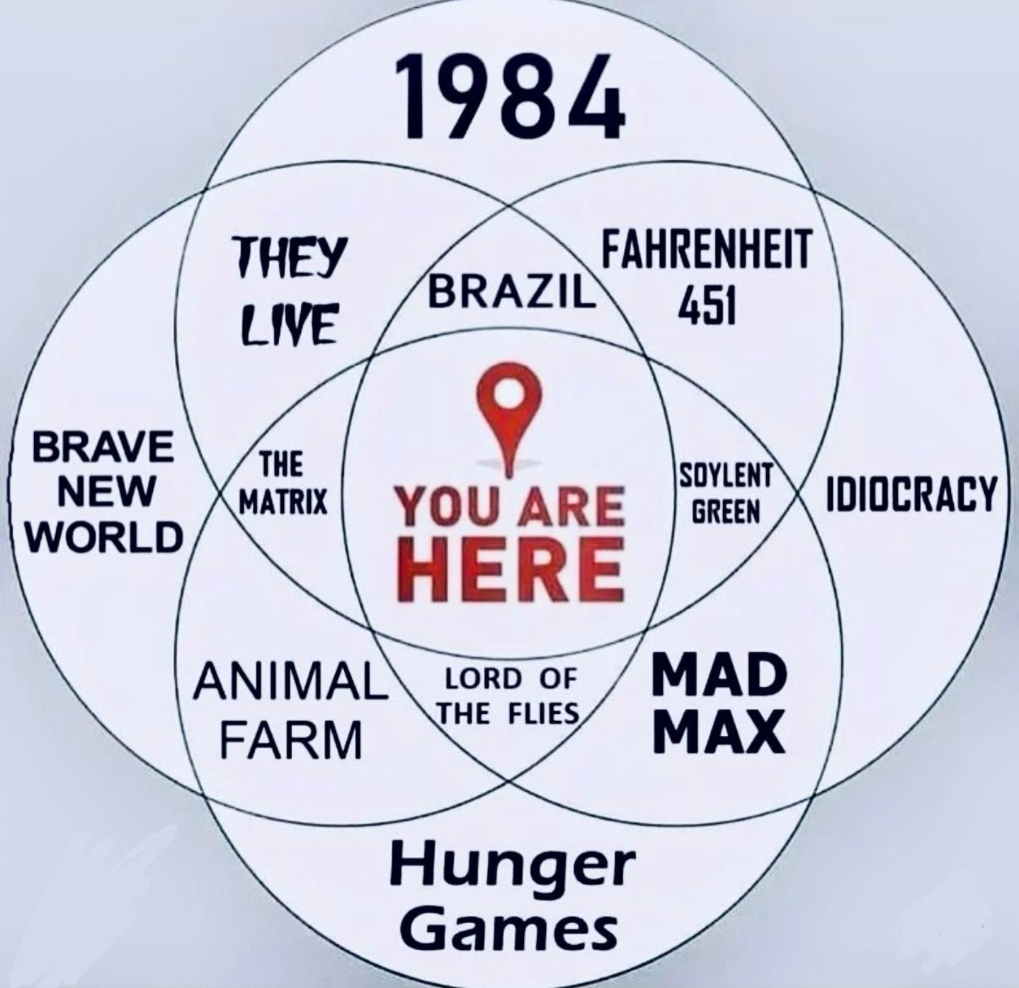 1984  
THEY LIVE  
BRAZIL  
FAHRENHEIT 451  
SOYLENT GREEN  
IDIOCRACY  
BRAVE NEW WORLD  
THE MATRIX  
YOU ARE HERE  
ANIMAL FARM  
LORD OF THE FLIES  
MAD MAX  
Hunger Games  