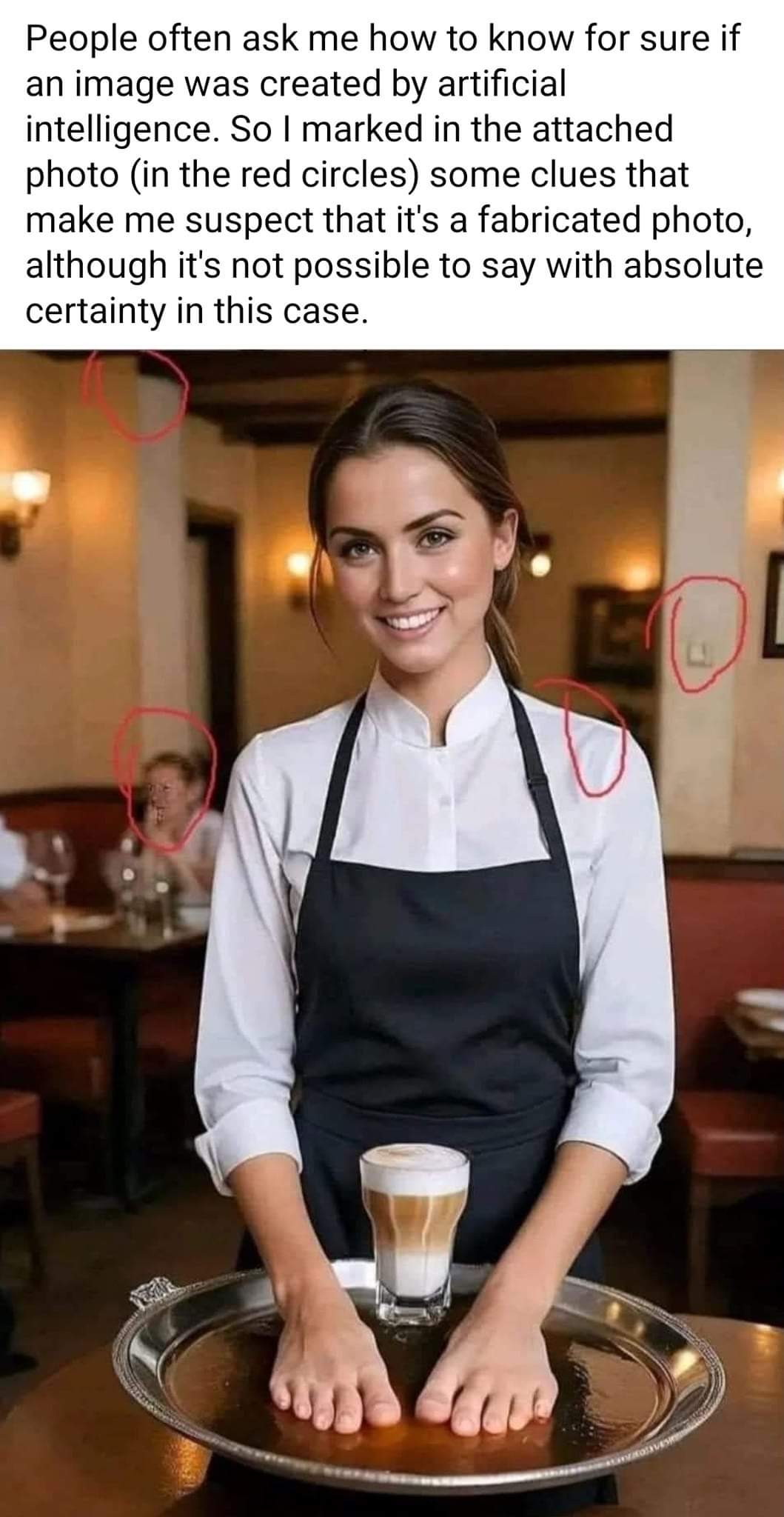 People often ask me how to know for sure if an image was created by artificial intelligence. So I marked in the attached photo (in the red circles) some clues that make me suspect that it's a fabricated photo, although it's not possible to say with absolute certainty in this case.