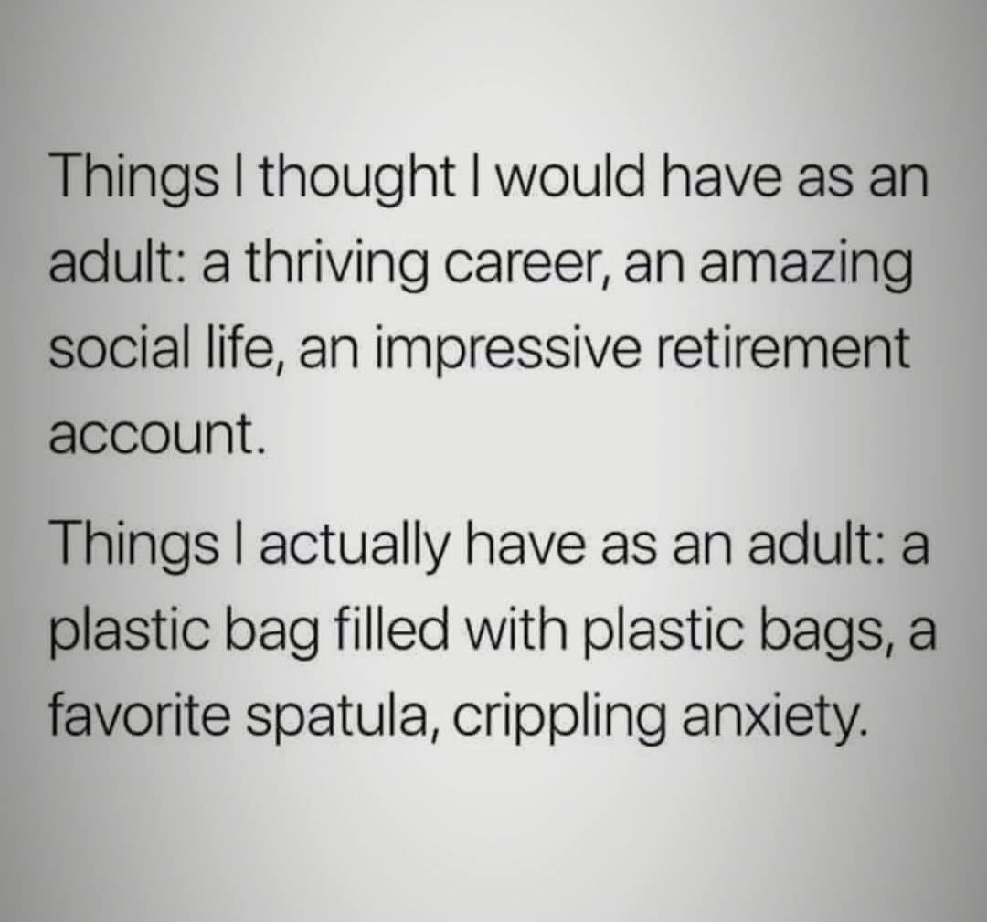 Things I thought I would have as an adult: a thriving career, an amazing social life, an impressive retirement account.  
Things I actually have as an adult: a plastic bag filled with plastic bags, a favorite spatula, crippling anxiety.