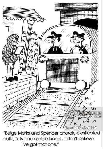 "Beige Marks and Spencer anorak, elasticated cuffs, fully enclosable hood...I don't believe I've got that one."