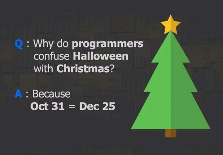 Q : Why do programmers confuse Halloween with Christmas?  
A : Because  
Oct 31 = Dec 25