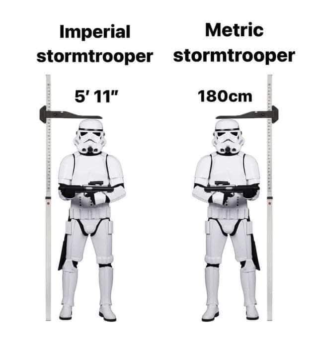 Imperial stormtrooper: 5' 11"  
Metric stormtrooper: 180cm