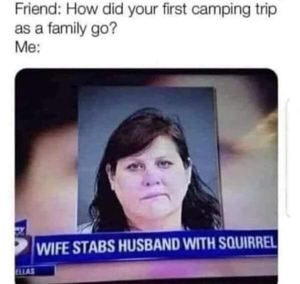 Friend: How did your first camping trip as a family go?
Me:
Wife stabs husband with squirrel