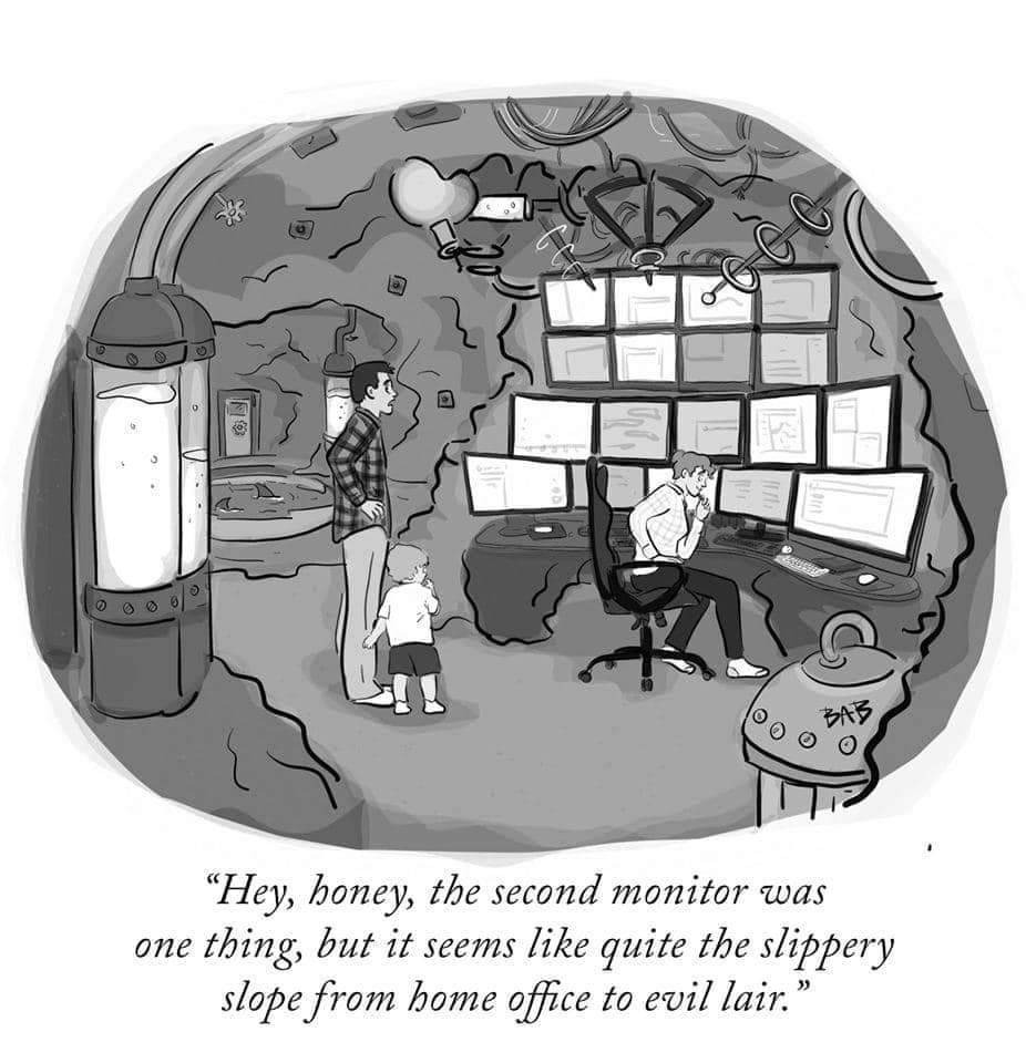 "Hey, honey, the second monitor was one thing, but it seems like quite the slippery slope from home office to evil lair. "