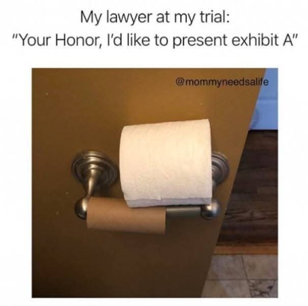 My lawyer at my trial:  
"Your Honor, I'd like to present exhibit A"  
@mommyneedsalife