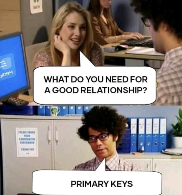 What do you need for a good relationship?
Primary keys.