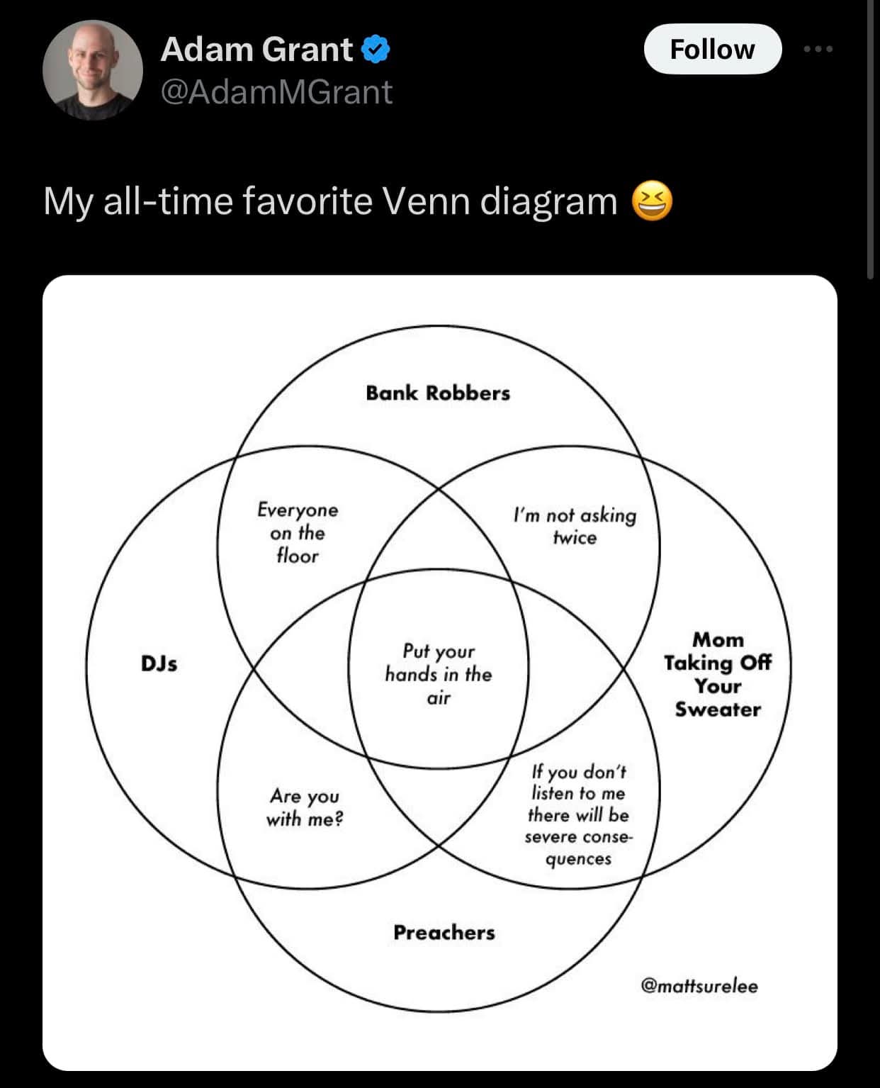My all-time favorite Venn diagram 😆  

Bank Robbers  
Everyone on the floor  
DJs  
Put your hands in the air  
Are you with me?  
Preachers  
I'm not asking twice  
Mom Taking Off Your Sweater  
If you don't  listen to me there will be severe consequences  
