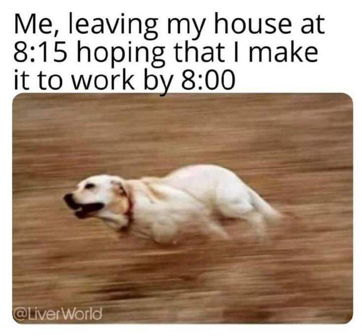 Me, leaving my house at 8:15 hoping I make it to work by 8:00