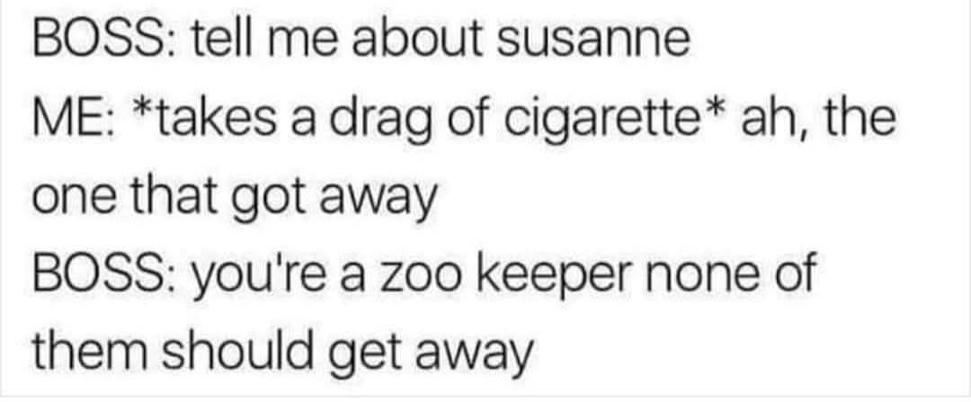 BOSS: tell me about Susanne  
ME: *takes a drag of cigarette* ah, the one that got away  
BOSS: you're a zoo keeper none of them should get away