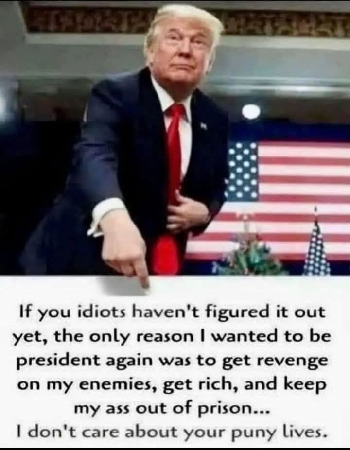 If you idiots haven't figured it out yet, the only reason I wanted to be president again was to get revenge on my enemies, get rich, and keep my ass out of prison...  
I don't care about your puny lives.