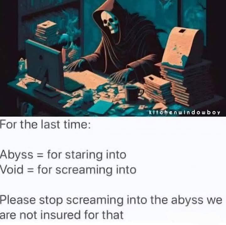 For the last time:  
Abyss = for staring into  
Void = for screaming into  
Please stop screaming into the abyss we are not insured for that  
