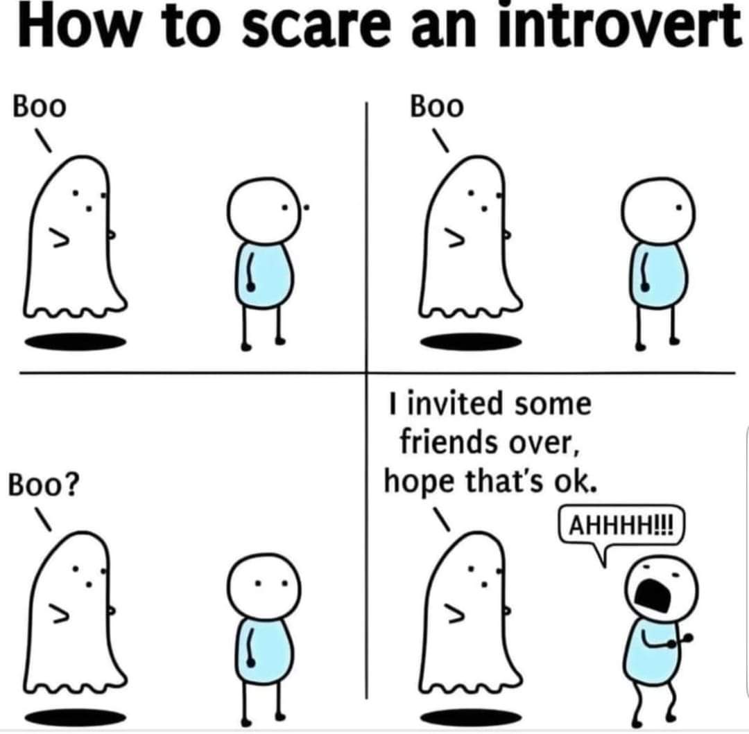 How to scare an introvert
Boo
Boo
Boo?
I invited some friends over, hope that's ok?
Ahhh!!!