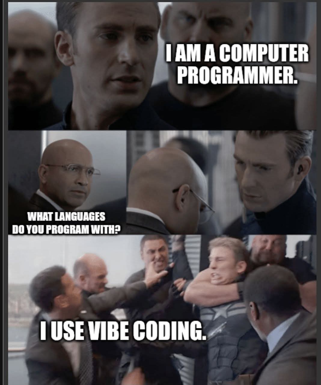 I AM A COMPUTER PROGRAMMER.  
WHAT LANGUAGES DO YOU PROGRAM WITH?  
I USE VIBE CODING.