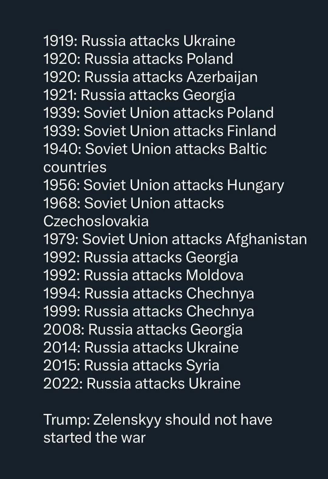 1919: Russia attacks Ukraine  
1920: Russia attacks Poland  
1920: Russia attacks Azerbaijan  
1921: Russia attacks Georgia  
1939: Soviet Union attacks Poland  
1939: Soviet Union attacks Finland  
1940: Soviet Union attacks Baltic countries  
1956: Soviet Union attacks Hungary  
1968: Soviet Union attacks Czechoslovakia  
1979: Soviet Union attacks Afghanistan  
1992: Russia attacks Georgia  
1992: Russia attacks Moldova  
1994: Russia attacks Chechnya  
1999: Russia attacks Chechnya  
2008: Russia attacks Georgia  
2014: Russia attacks Ukraine  
2015: Russia attacks Syria  
2022: Russia attacks Ukraine  

Trump: Zelenskyy should not have started the war
