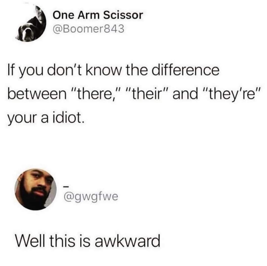 If you don't know the difference between "there", "their" and "they're" your a idiot.
Well, this is awkward.