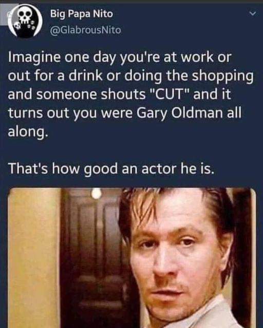 Imagine one day you're at work or out for a drink or doing the shopping and someone shouts "CUT" and it turns out you were Gary Oldman all along.

That's how good an actor he is.