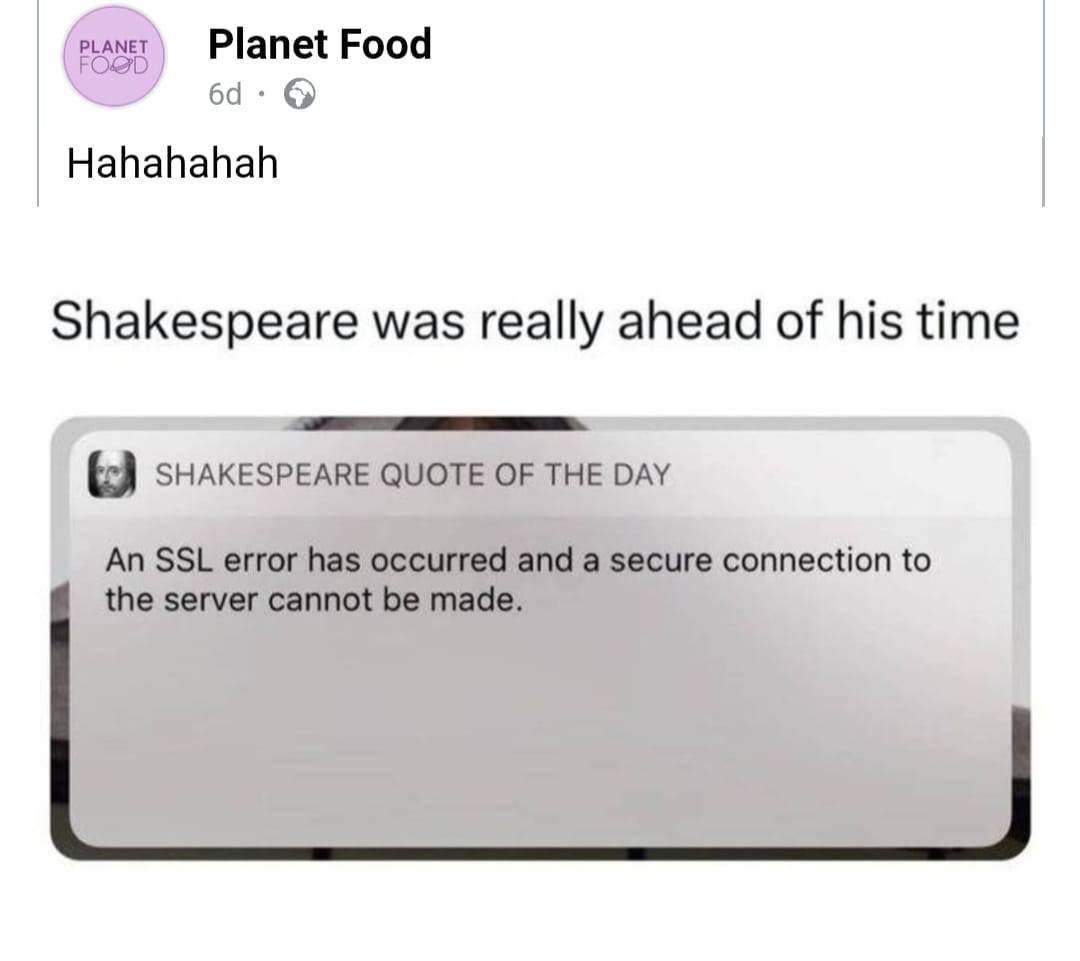 Shakespeare was really ahead of his time:

SHAKESPEARE QUOTE OF THE DAY  
An SSL error has occurred and a secure connection to the server cannot be made.  