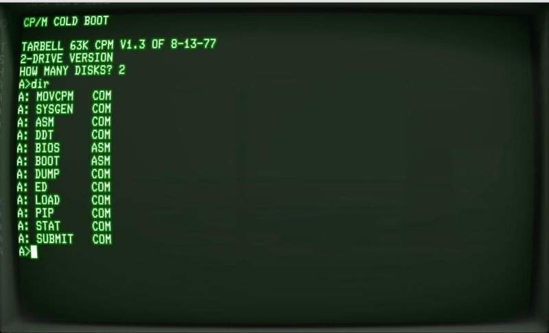 CP/M Cold Boot
Tarbell 63K CPM V1.3 OF 8-13-77
2-Drive version
How many discs? 2
a>dir
