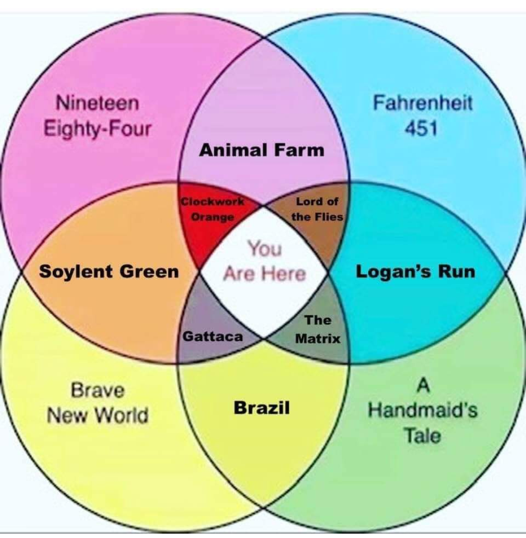 Nineteen Eighty-Four
Animal Farm
Farenheit 451
Soylent Green
Logan's Run
Brave New World
Brazil
A Handmaid's Tale
Gattaca
The Matrix
Lord Of The Flies
Clockwork Orange
You Are Here