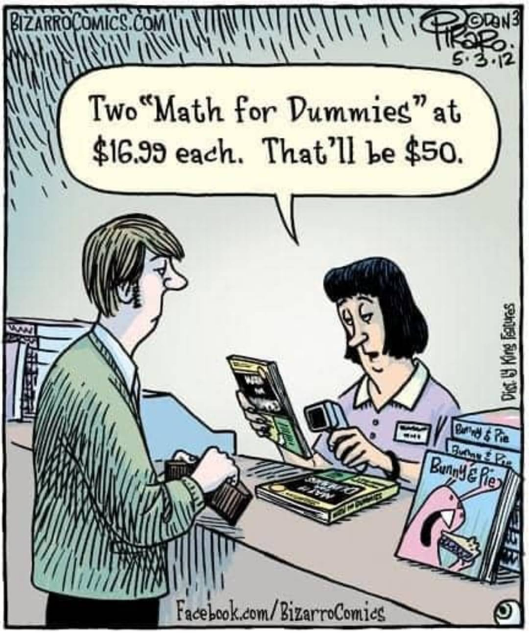 Two "Maths for Dummies" at $16.99 each. That'll be $50