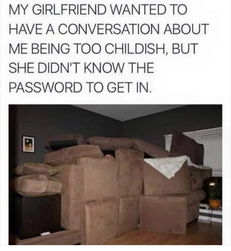 My girlfriend wanted to have a conversation about me being too childish, but she didn't know the password to get in.