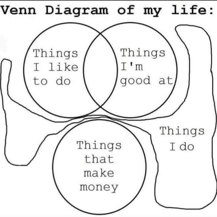 Venn Diagram of my life:
Things I like to do
Things I'm good at
Things that make money
Things I do