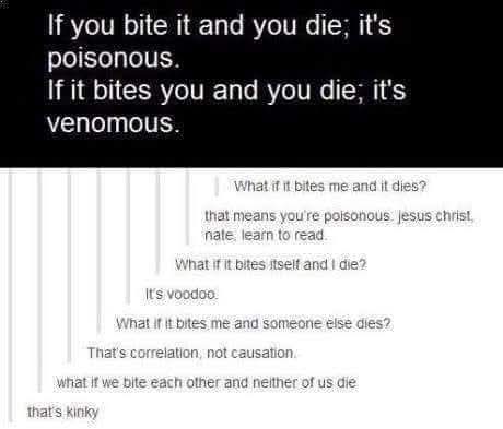 If you bite it and you die; it's poisonous.  
If it bites you and you die, it's venomous.  

What if it bites me and it dies?  
that means you're poisonous. jesus christ, nate, learn to read.  
What if it bites itself and I die?  
It's voodoo.  
What if it bites me and someone else dies?  
That's correlation, not causation.  
what if we bite each other and neither of us die  
that's kinky