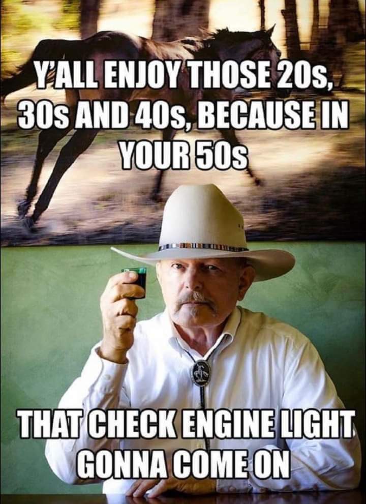 Y'all enjoy those 20s,30s and 40s because in your 50s
That check engine light gonna come on