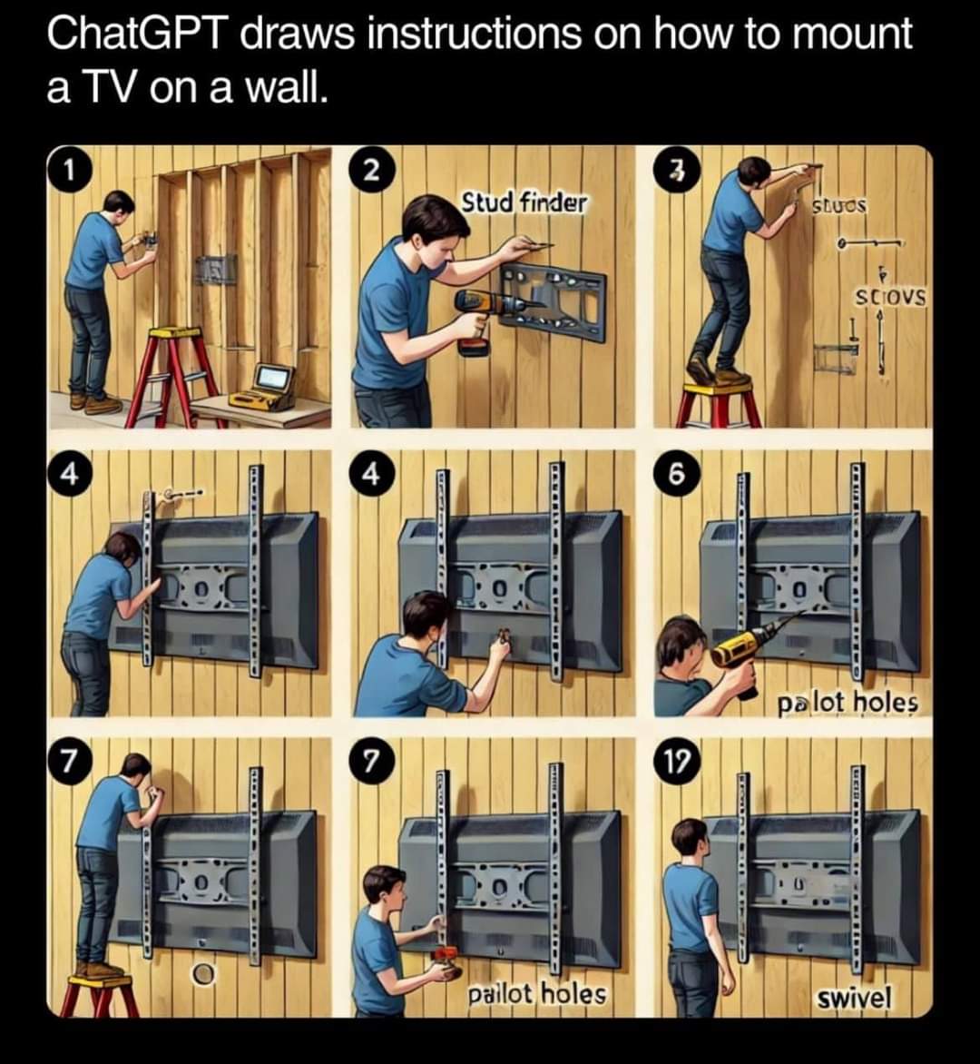 ChatGPT draws instructions on how to mount a TV on a wall.