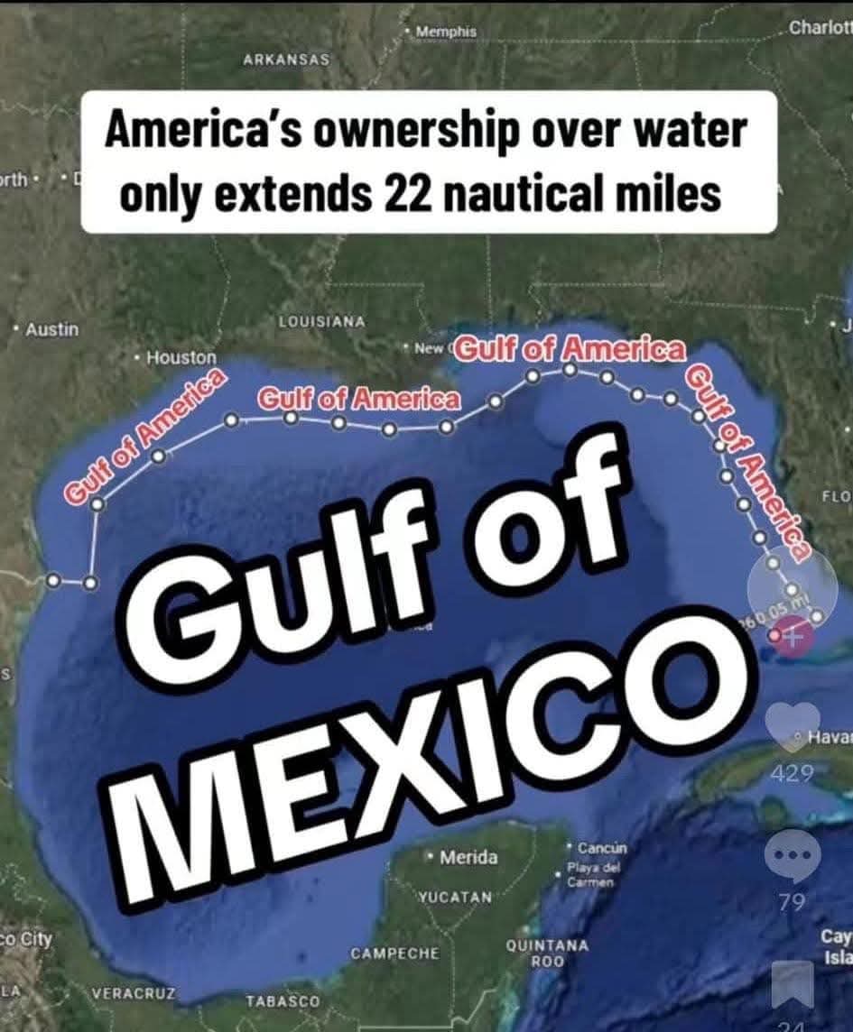 America's ownership over water only extends 22 nautical miles
Gulf of America
Gulf of America
Gulf of America
Gulf of America
Gulf of MEXICO