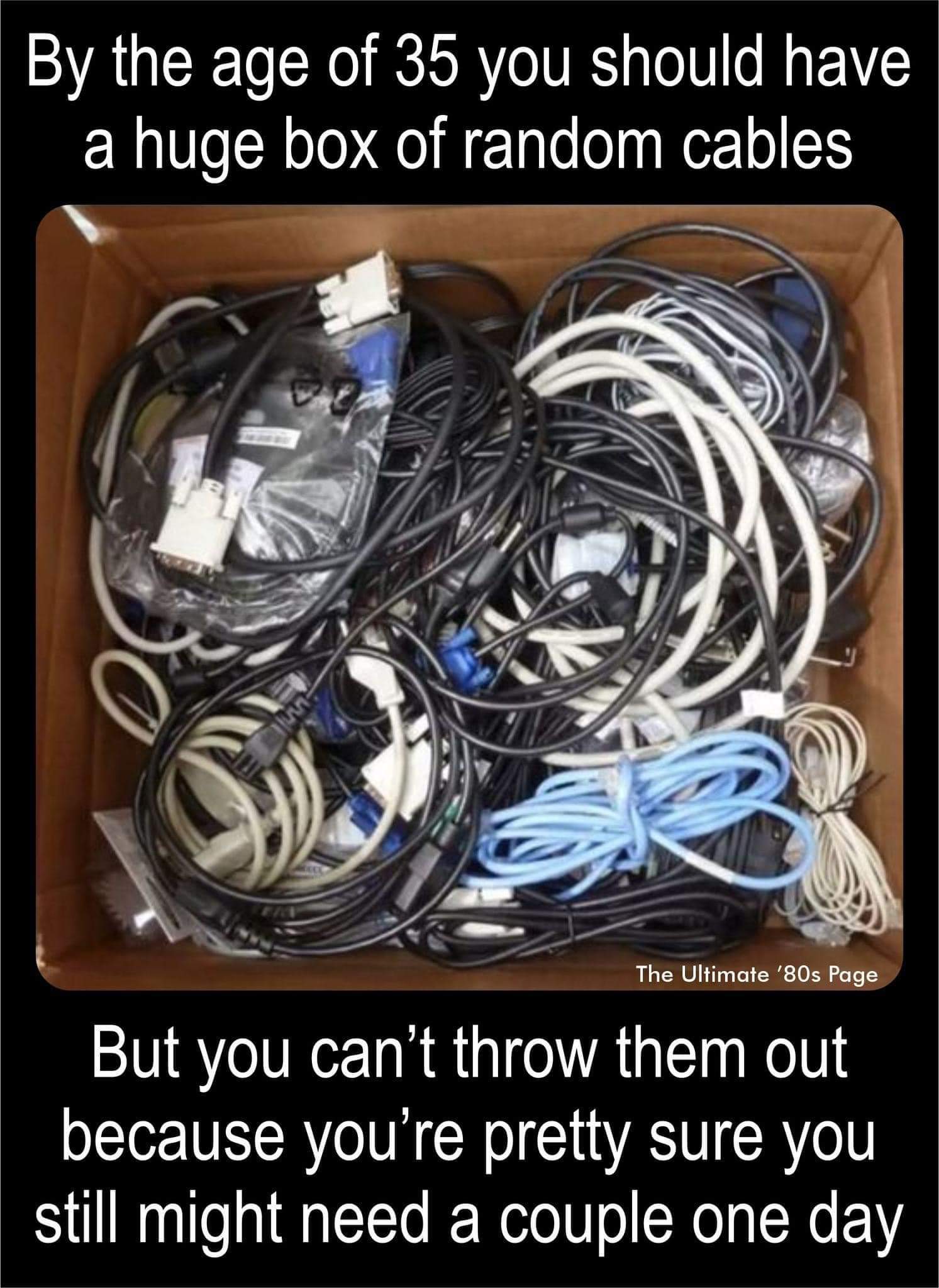 By the age of 35, you should have a huge box of random cables
But you can't throw them out because you're pretty sure you still might need a couple one day