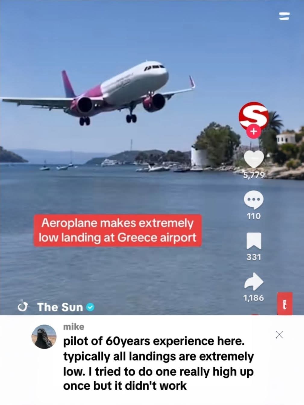 Aeroplane makes extremely low landing at Greece airport  
Pilot of 60 years experience here. Typically all landings are extremely low. I tried to do one really high up once but it didn't work.