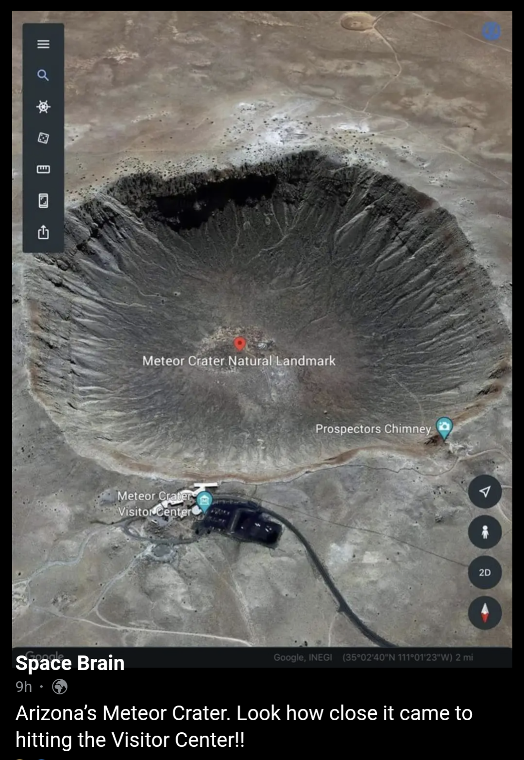 Arizona's Meteor Crater. Look how close it came to hitting the visitor center!!