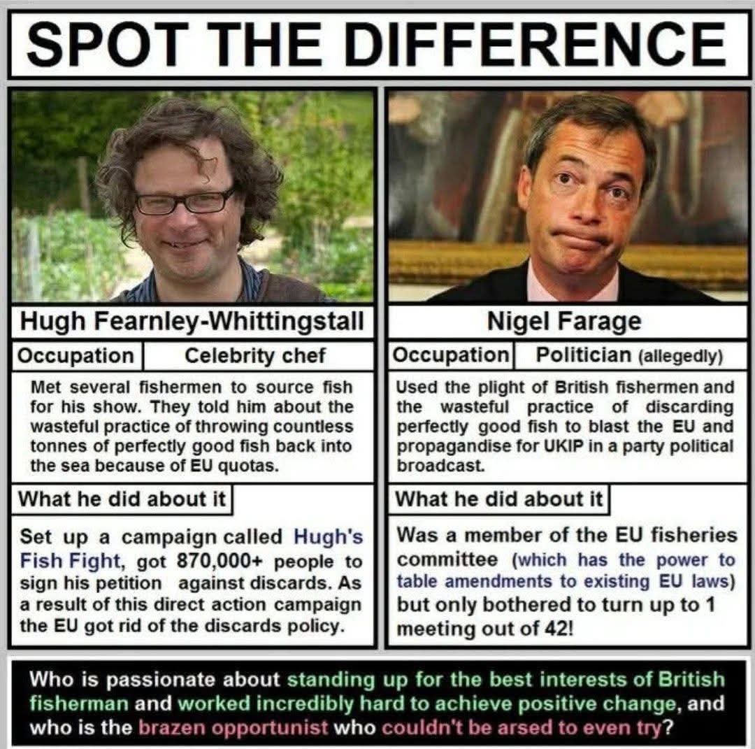 SPOT THE DIFFERENCE

Hugh Fearnley-Whittingstall
Occupation: Celebrity chef
Met several fishermen to source fish for his show. They told him about the wasteful practice of throwing countless tonnes of perfectly good fish back into the sea because of EU quotas.
What he did about it: Set up a campaign called Hugh's Fish Fight, got 870,000+ people to sign his petition against discards. As a result of this direct action campaign the EU got rid of the discards policy.

Nigel Farage
Occupation: Politician (allegedly)
Used the plight of British fishermen and the wasteful practice of discarding perfectly good fish to blast the EU and propagandise for UKIP in a party political broadcast.
What he did about it: Was a member of the EU fisheries committee (which has the power to table amendments to existing EU laws) but only bothered to turn up to 1 meeting out of 42!

Who is passionate about standing up for the best interests of British fisherman and worked incredibly hard