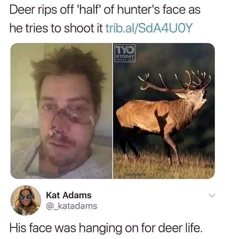 Deer rips off 'half' of hunter's face as he tries to shoot it.
His face was hanging on for deer life.